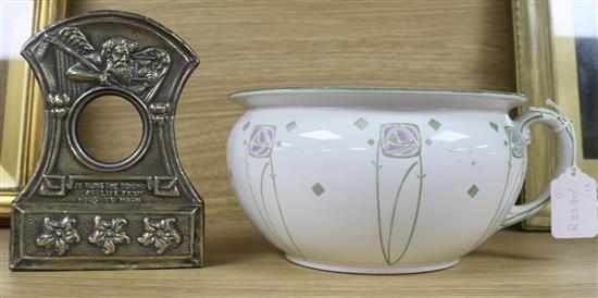 George Lugan, Glasgow school rose chamber pot and an Arts & Crafts Repousse worked clock case